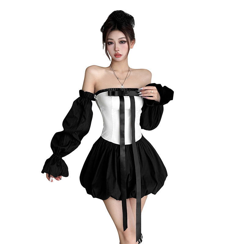 Contrast Color Fashion Hot Girl Bow Tube Top Cinched Waist Bud Skirt Dress