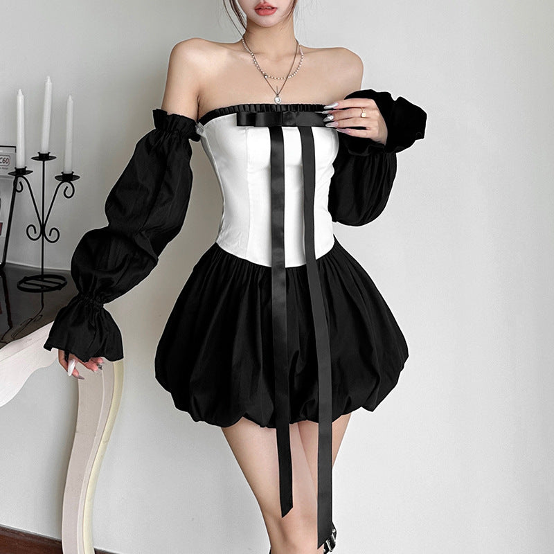Contrast Color Fashion Hot Girl Bow Tube Top Cinched Waist Bud Skirt Dress
