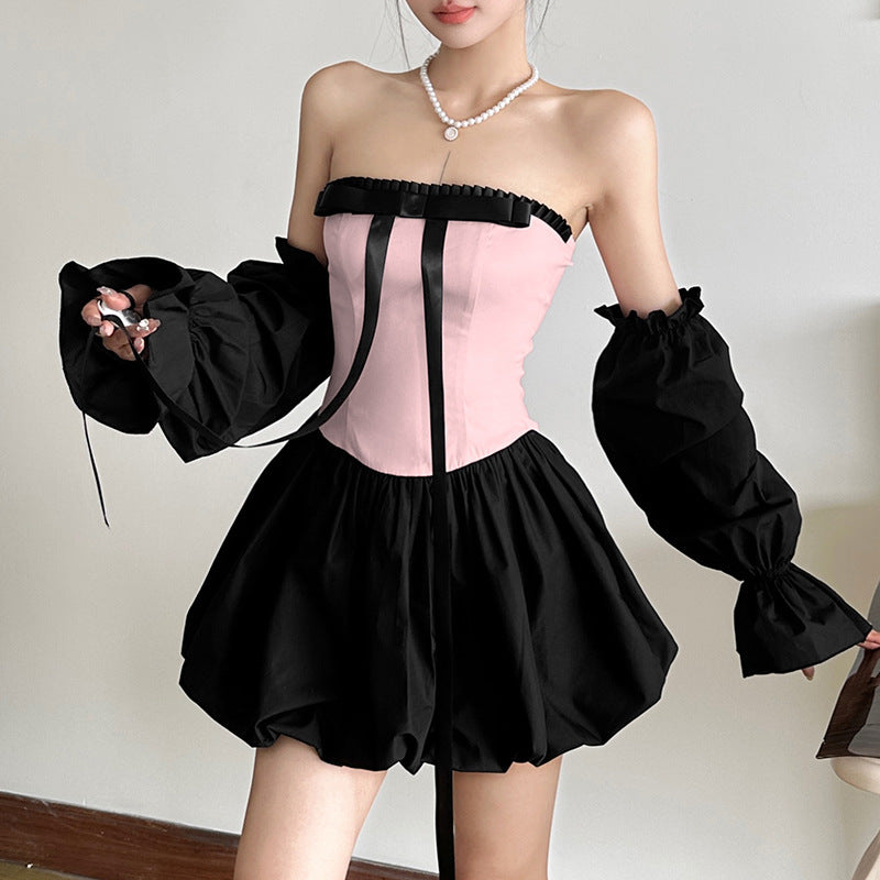 Contrast Color Fashion Hot Girl Bow Tube Top Cinched Waist Bud Skirt Dress
